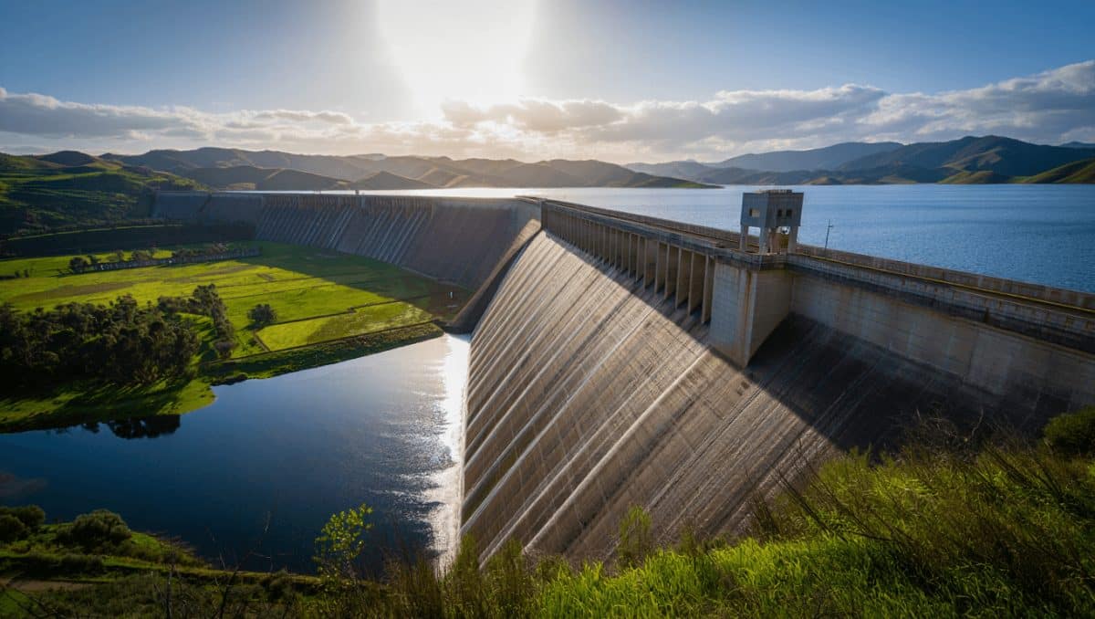 Embalse de Alcántara en Extremadura con alto nivel de agua tras las lluvias de invierno.