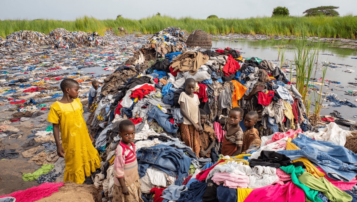 Montañas de ropa usada en vertedero ilegal dentro del humedal protegido del Delta del Densu en Ghana.