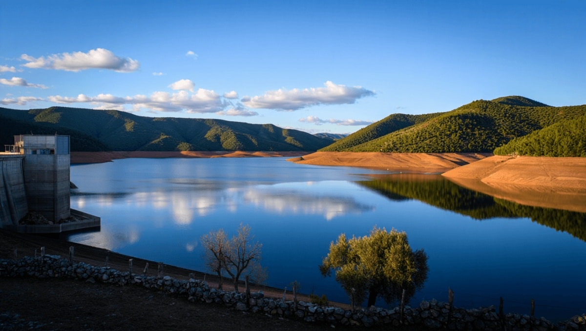 Embalse en España con alto nivel de agua tras las lluvias de marzo y aumento de la reserva hídrica.
