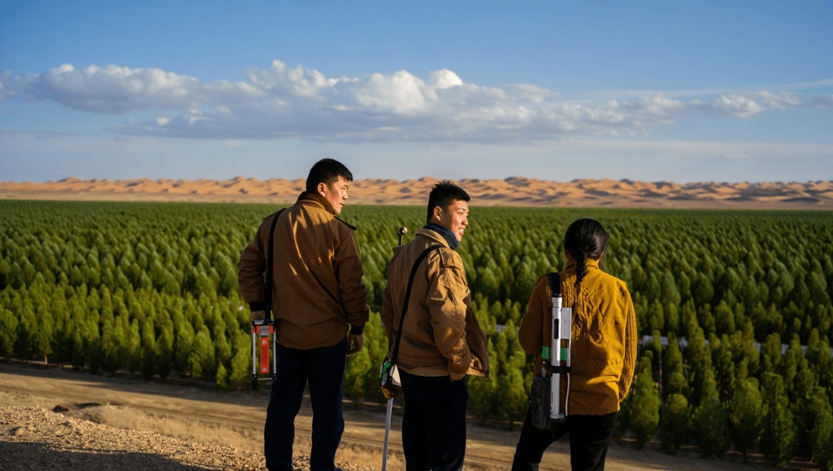 Cinturón verde en el desierto de Taklamakán con árboles junto a zona húmeda en Xinjiang, China.