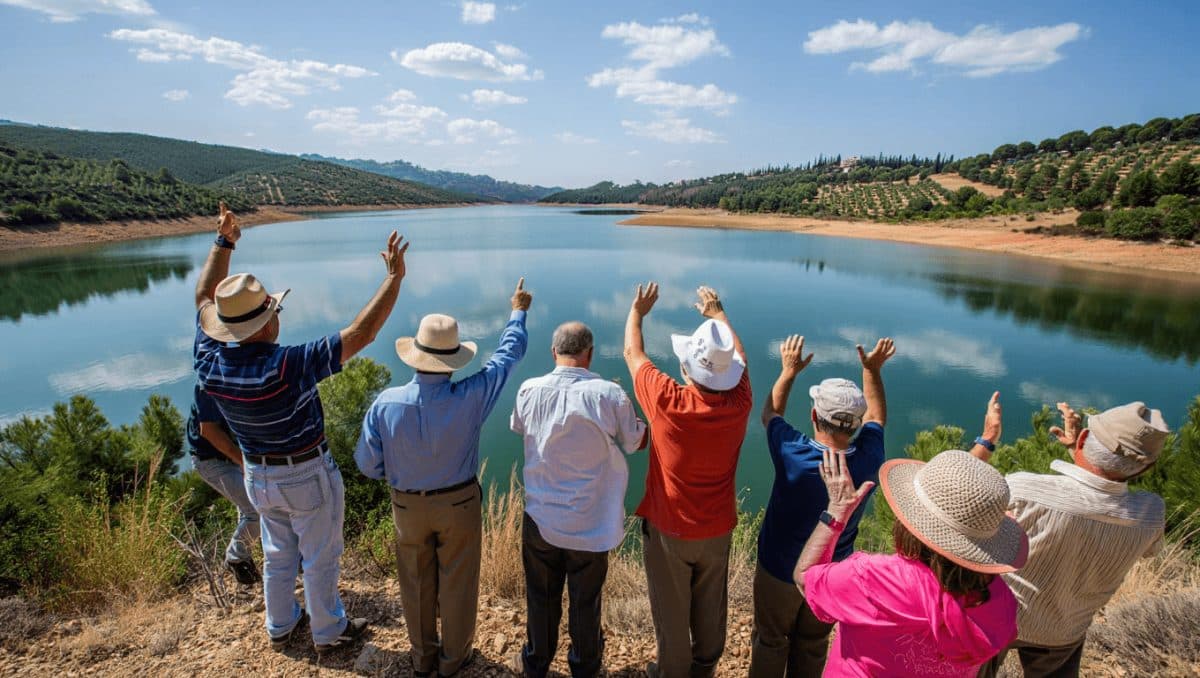 Vista panorámica del embalse de Iznájar en Andalucía con el agua cerca del 90% de su capacidad tras la sequía.