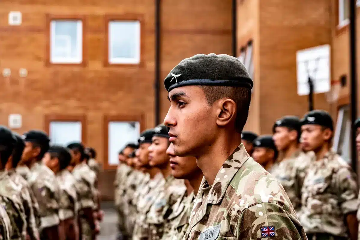 Jóvenes reclutadores en uniforme militar durante ejercicios de instrucción básica en formación