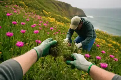 Costas españolas dañadas por planta de bonitas flores que desplaza a la flora nativa