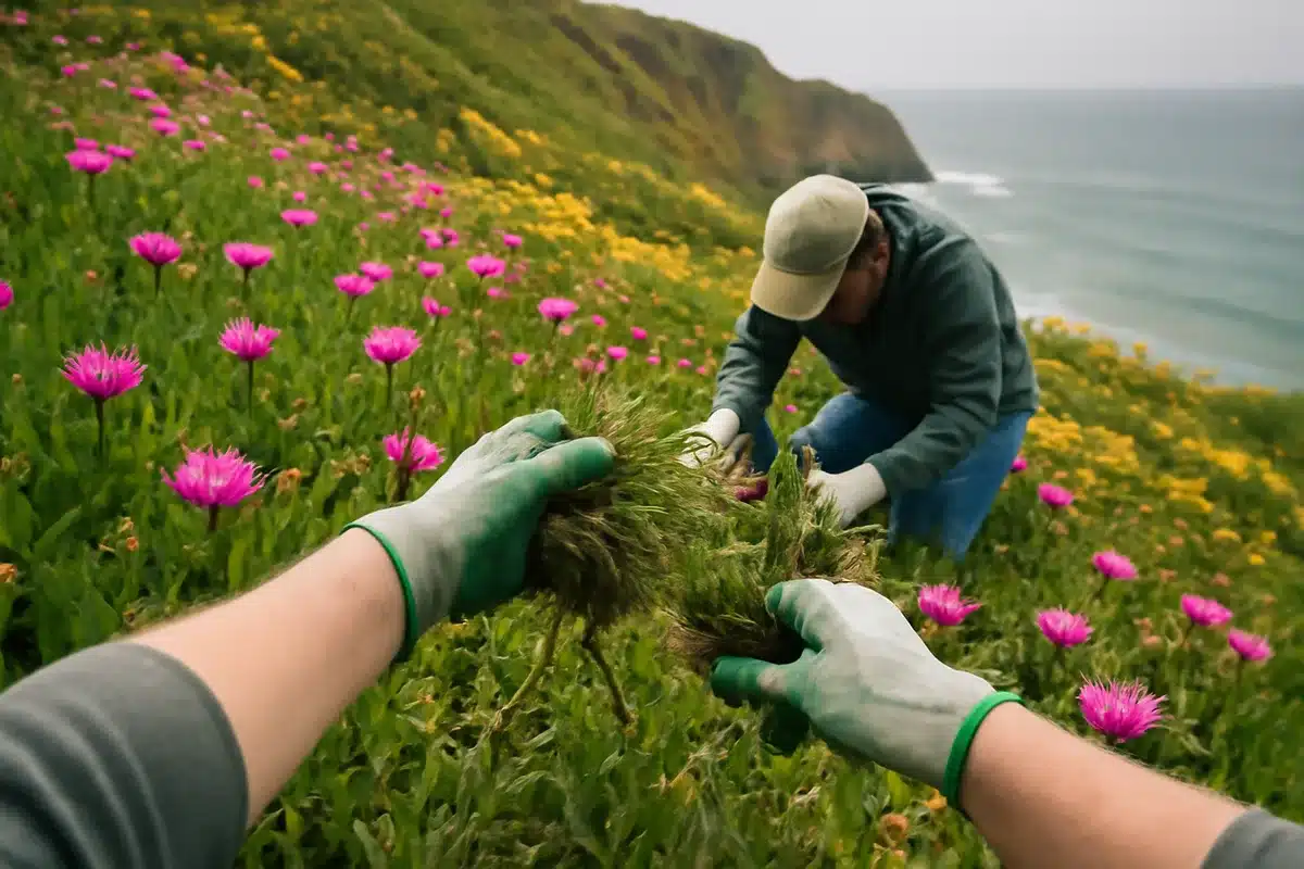 Costas españolas dañadas por planta de bonitas flores que desplaza a la flora nativa