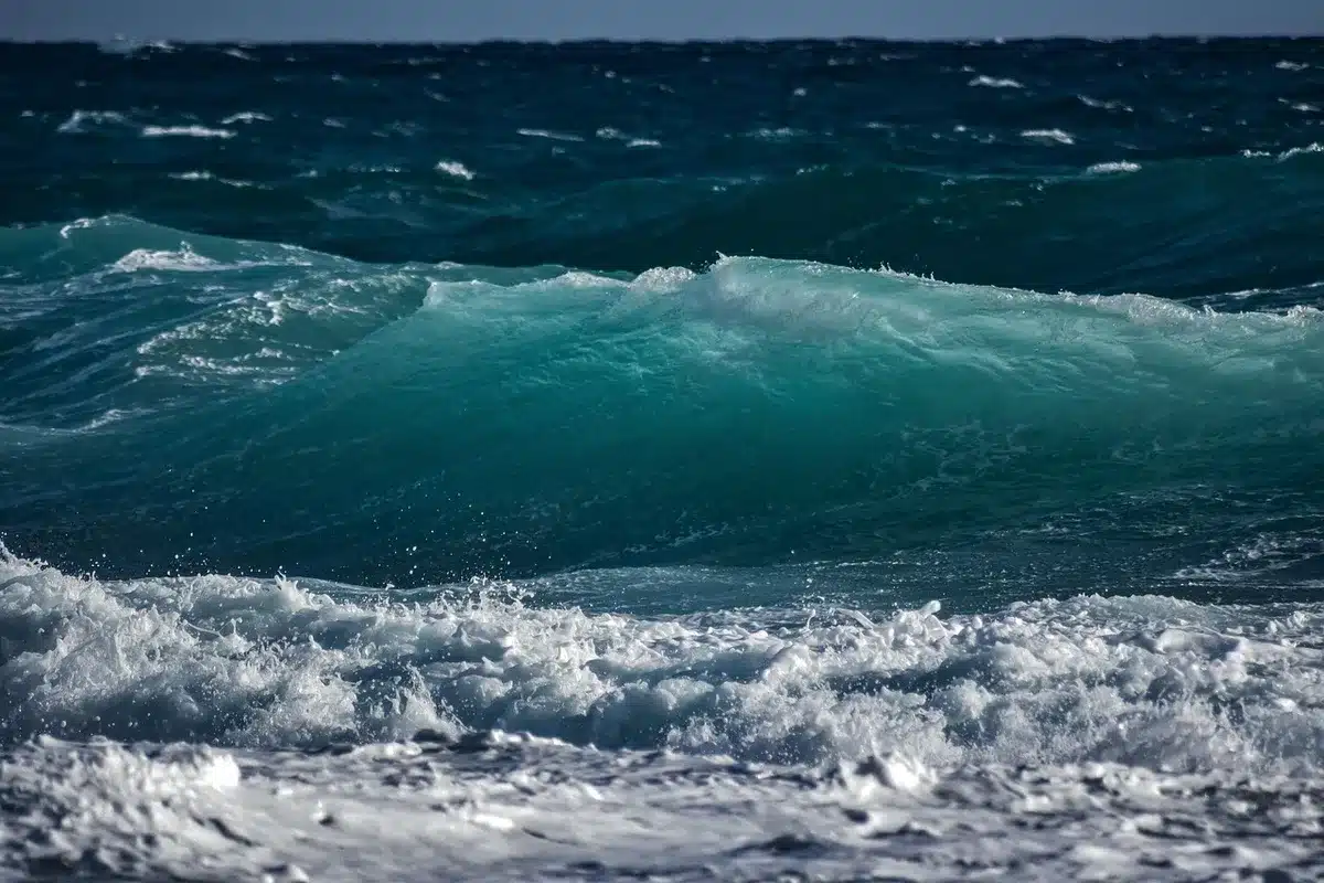 Vientos fuertes en zona costera con olas y clima turbulento