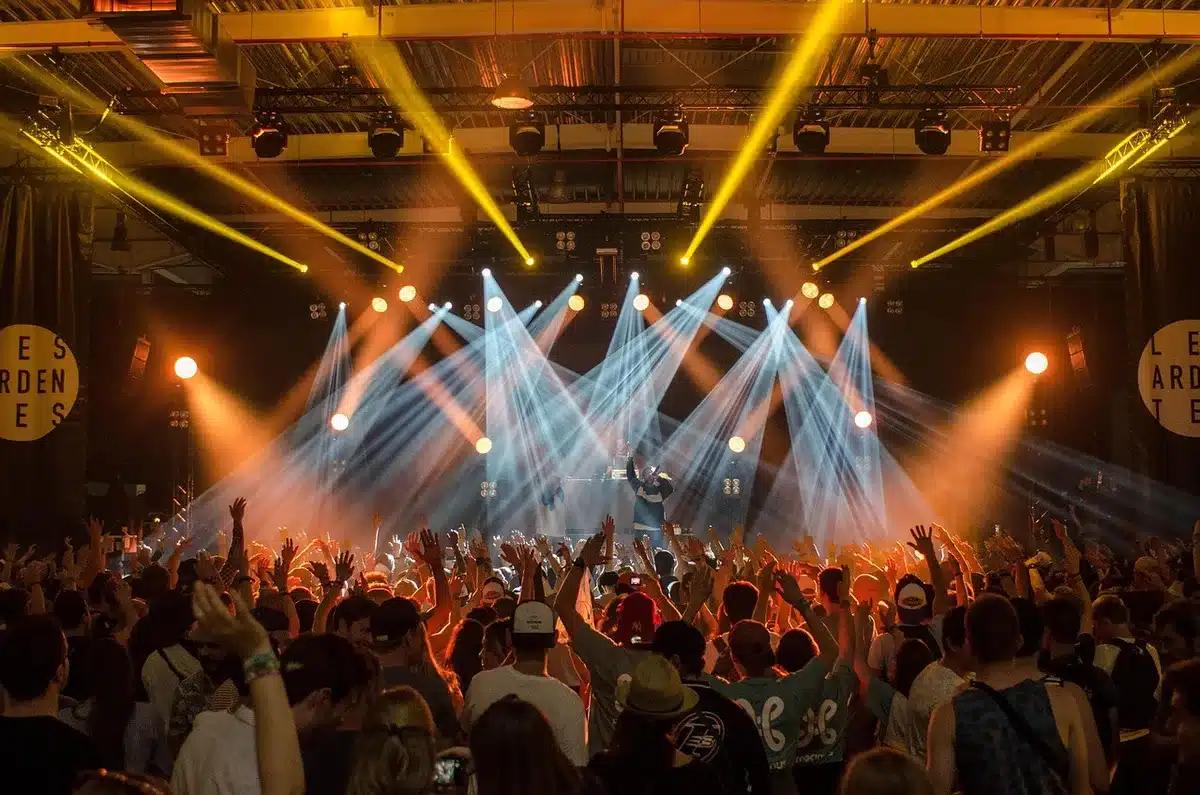 Artista en escenario durante un concierto en un recinto de grandes dimensiones