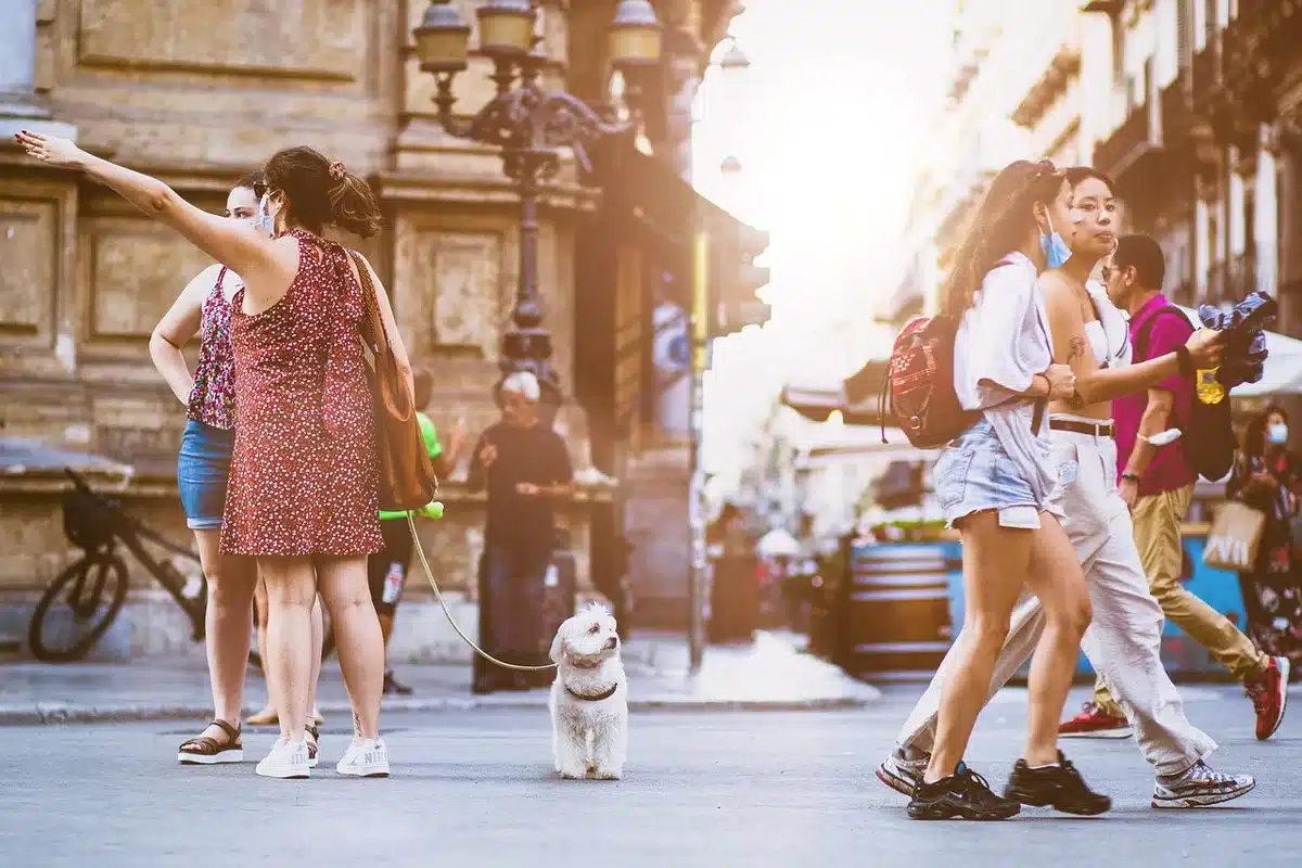 Calle de pueblo con turistas y comercios